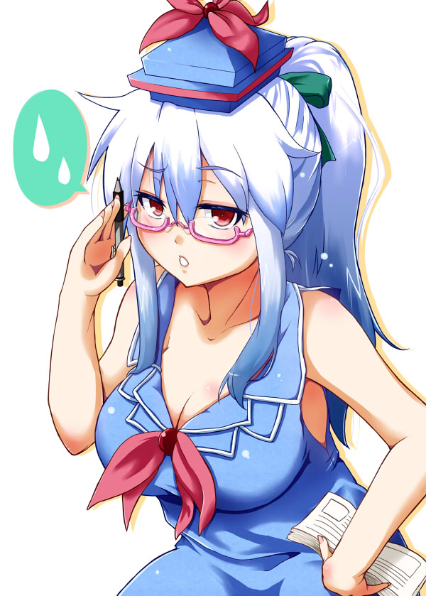1girl, alternate_hairstyle, bespectacled, blush, book, breasts, cleavage, glasses