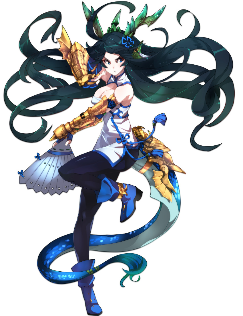 1girl, absurdres, ahoge, bare_shoulders, black_hair, black_legwear, blue_eyes, boots