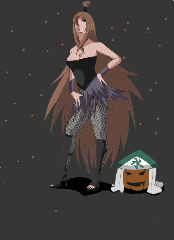 hair_tie, halloween, hat, large_breasts, mizukage, naruto, pantyhose, pumpkin