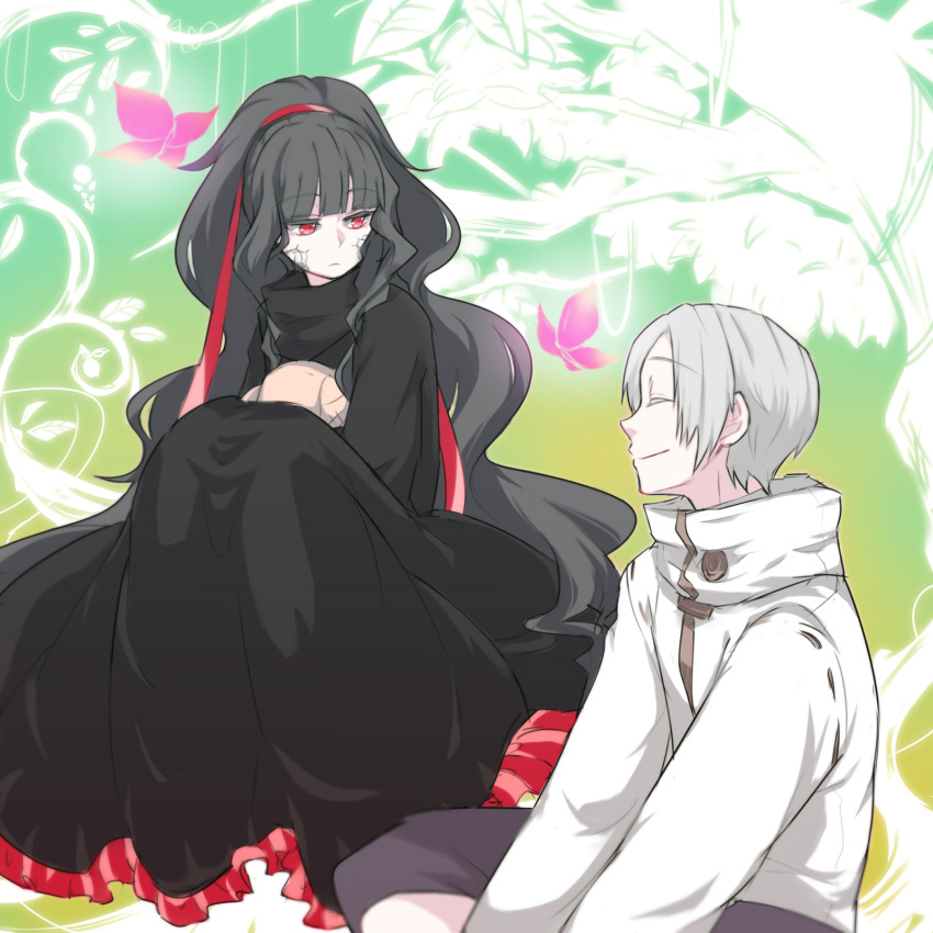 1boy, 1girl, azami_(kagerou_project), black_hair, chiyozaka, closed_eyes, highres, husband_and_wife