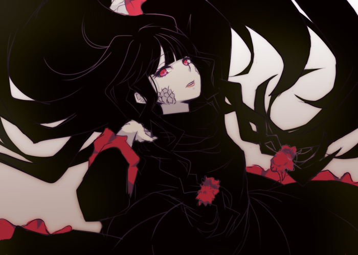 1girl, azami_(kagerou_project), black_hair, chiyozaka, kagerou_project, long_hair, red_eyes, ribbon, scales, solo, very_long_hair