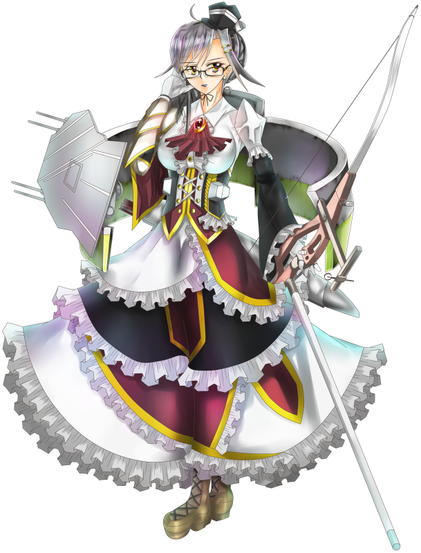 1girl, black_hair, boots, bow_(weapon), breasts, dress, euphoria_(artist), frilled_dress, frills, glasses, gloves, hair_bun, hat, hms_victorious_(r38), kantai_collection, lipstick, makeup, mini_top_hat, original, personification, purple_lipstick, royal_navy, solo, top_hat, weapon, yellow_eyes