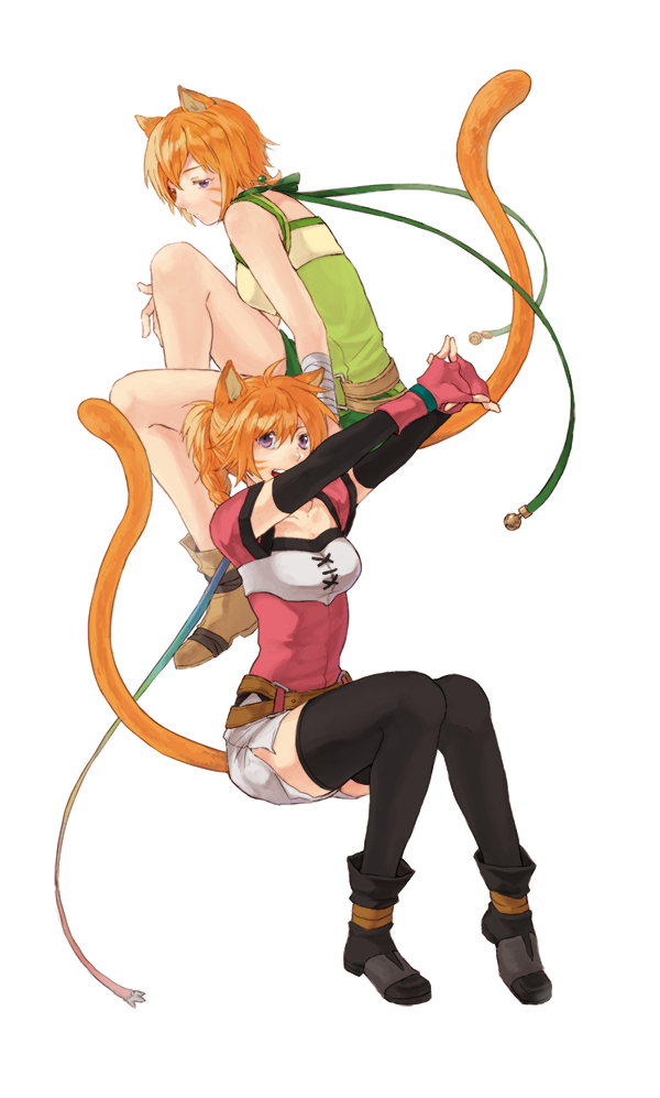 2girls, :d, animal_ears, bell, belt, boots, braid, breasts