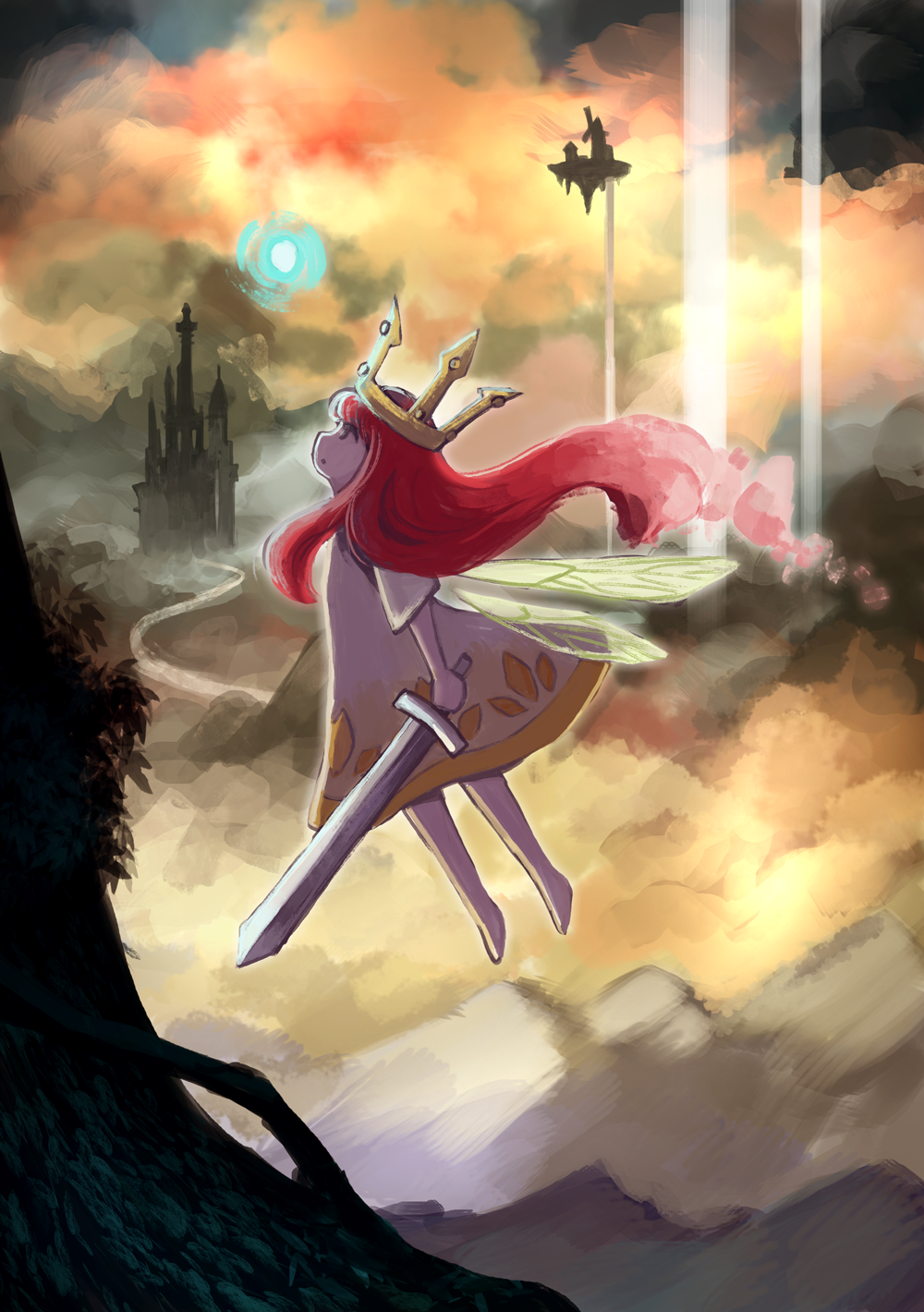 castle, child_of_light_(game), crown, highres, holly_(artist), igniculus, long_hair, pink_hair