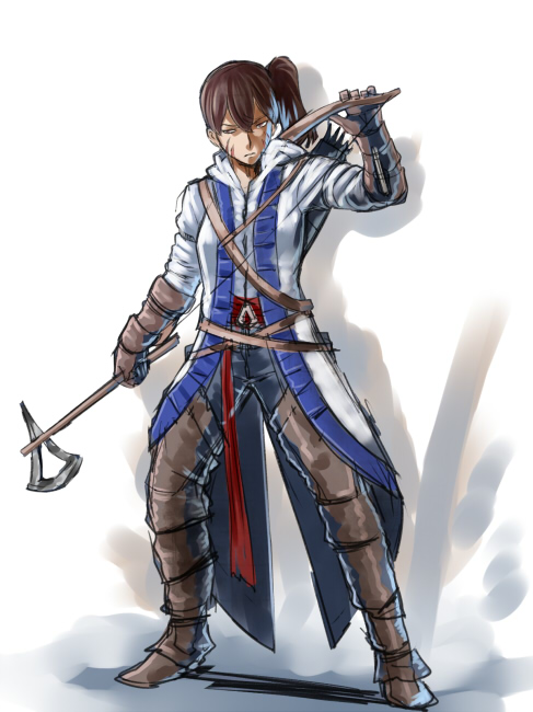 1girl, assassin's_creed_iii, bow_(weapon), brown_eyes, brown_hair, coat, connor_kenway, connor_kenway_(cosplay)