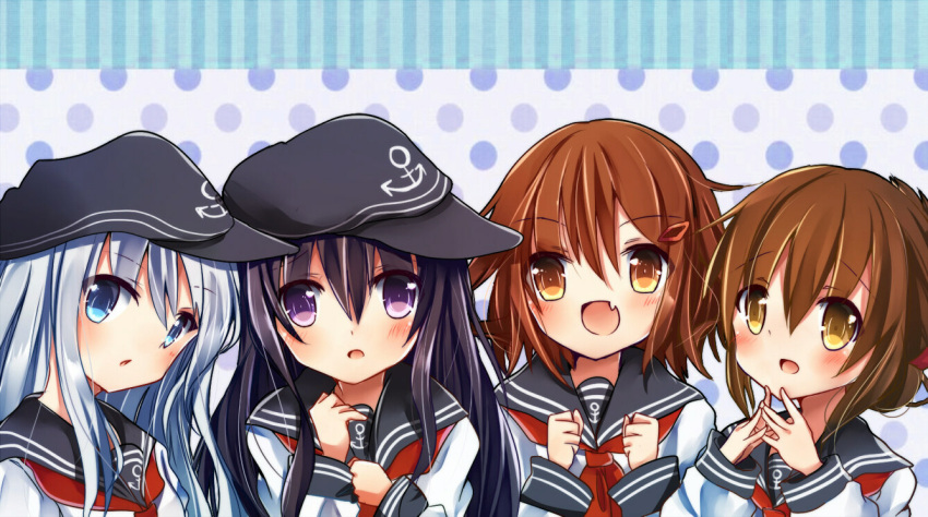 4girls, akatsuki_(kantai_collection), black_hair, blouse, blue_eyes, blush, brown_eyes, brown_hair