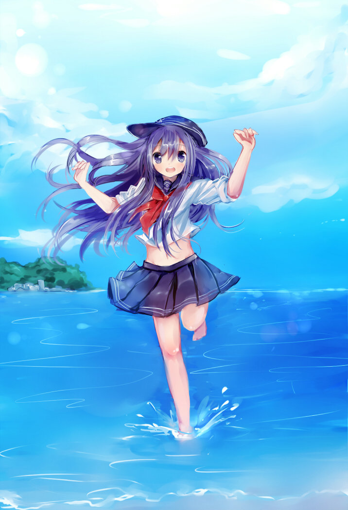 1girl, akatsuki_(kantai_collection), black_hair, blouse, blue_eyes, blue_sky, clouds, crop_top