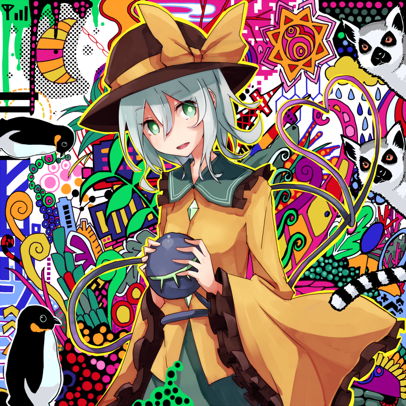 bird, green_eyes, hat, hat_ribbon, heart, komeiji_koishi, lemur, penguin, ribbon, ring-tailed_lemur, shirofox, short_hair, silver_hair, skirt, third_eye, touhou