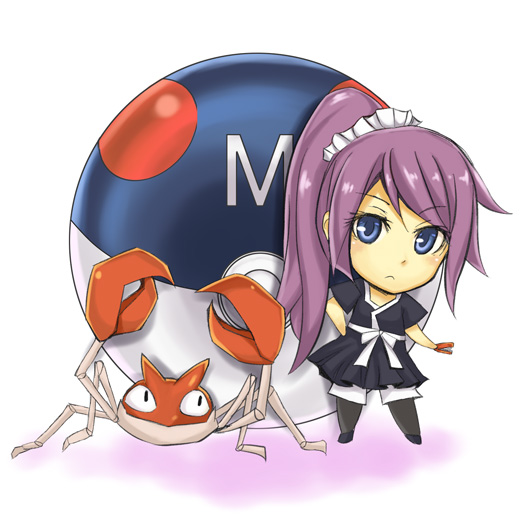 1girl, bakemonogatari, blue_eyes, chibi, crossover, kiyuren, krabby, master_ball, monogatari_(series), poke_ball, pokemon, pokemon_(creature), purple_hair, senjougahara_hitagi, stapler