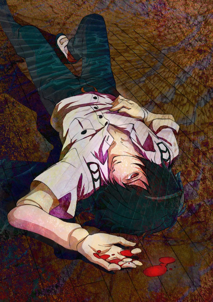 1boy, arai_shouji, black_hair, blood, gakkou_de_atta_kowai_hanashi, hair_over_one_eye, looking_at_viewer, lying