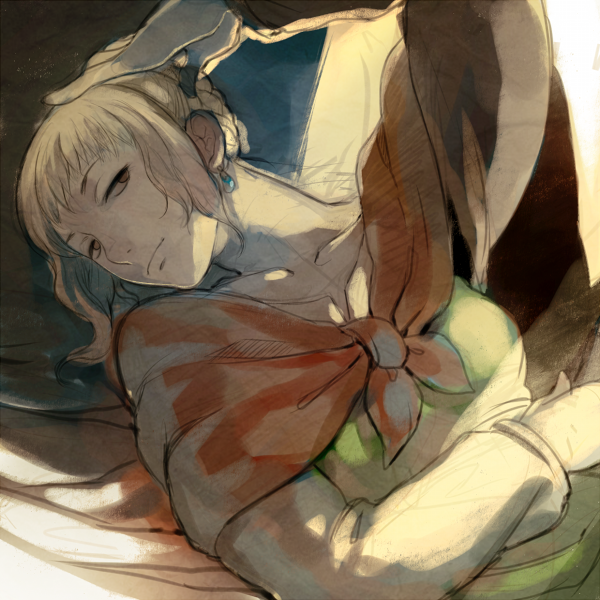 1girl, arm_up, blonde_hair, braid, brown_eyes, cape, collarbone, copyright_request