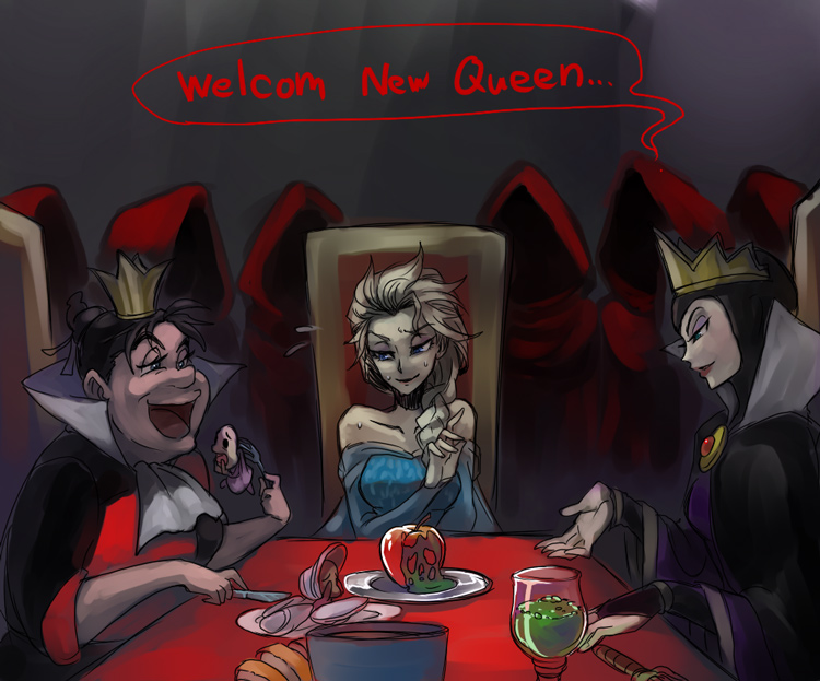 3girls, alice_in_wonderland, black_hair, blonde_hair, crown, disney, dress, eating, elsa_(frozen), engrish, frozen_(disney), long_hair, multiple_girls, murai_shinobu, poison, queen_(snow_white), queen_of_hearts, ranguage, snow_white_and_the_seven_dwarfs, sweat