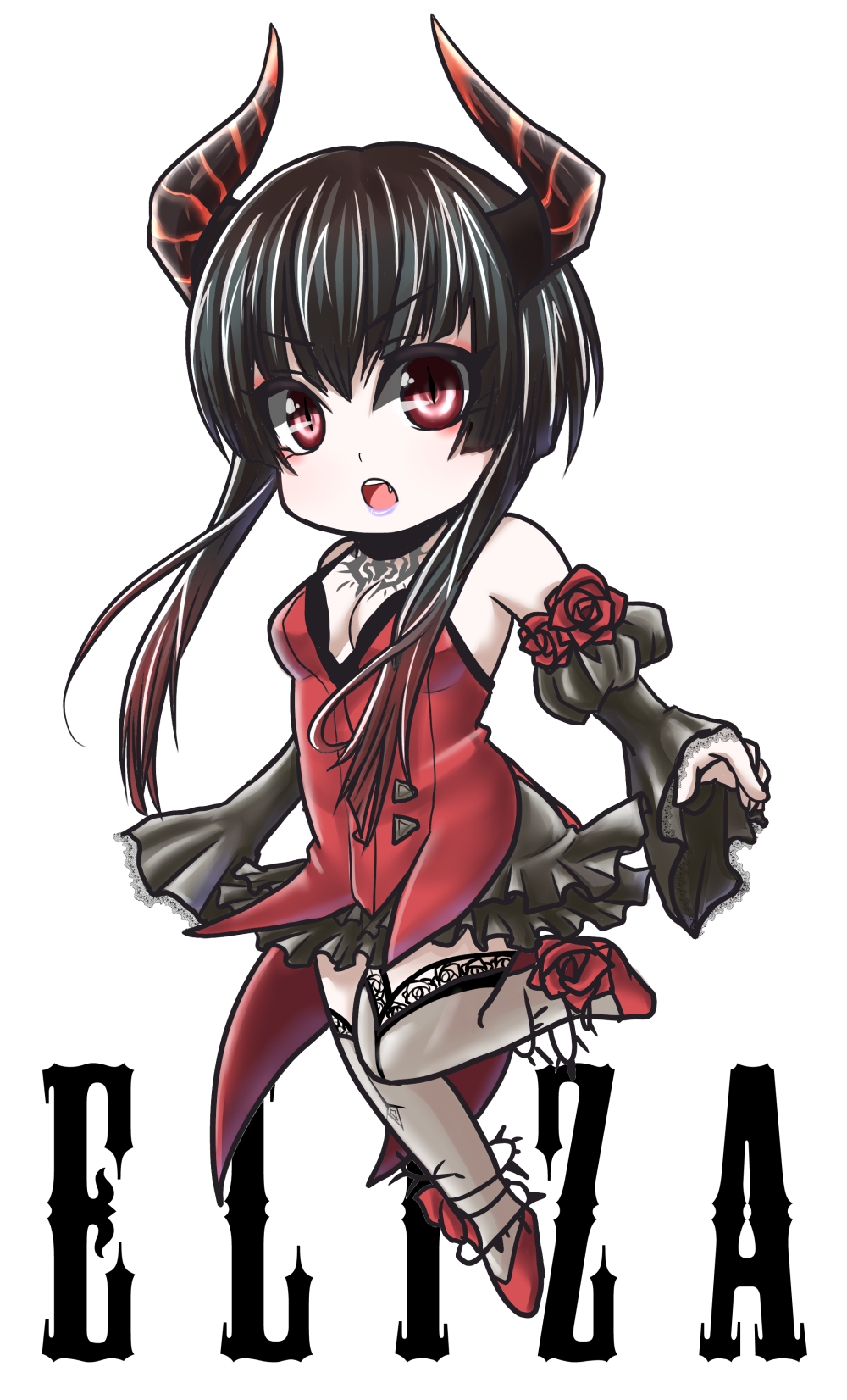 1girl, black_hair, breasts, chibi, detached_sleeves, dress, eliza_(tekken), fang