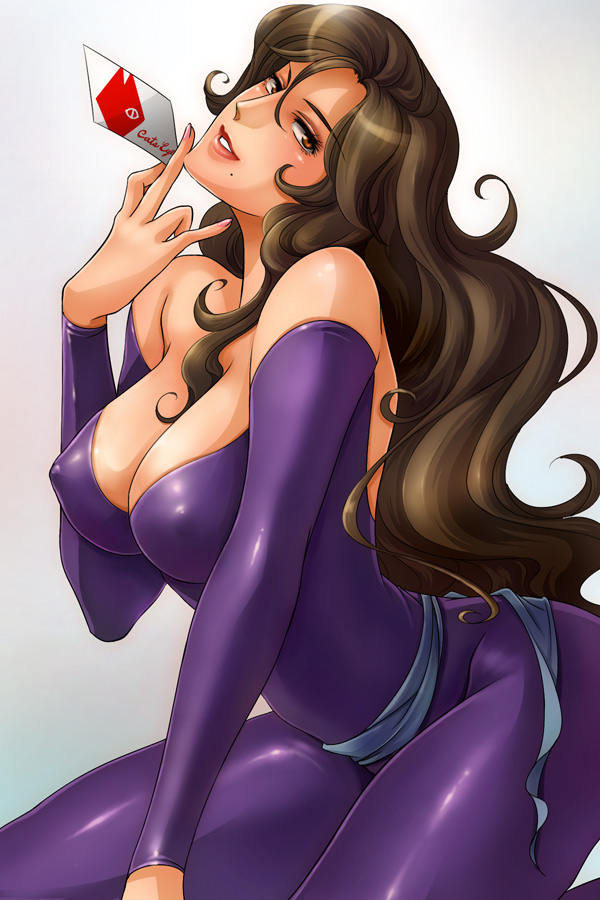 belt, bodysuit, breasts, brown_hair, card, cat's_eye, cat's_eye, cleavage, holding, holding_card, kisugi_rui, long_hair, mole, poso, solo