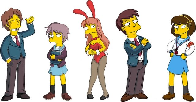 animal_ears, armband, asahina_mikuru, rabbit_ears, bunnysuit, closed_eyes, koizumi_itsuki, kyon, nagato_yuki, pantyhose, parody, school_uniform, simpsons, suzumiya_haruhi, suzumiya_haruhi_no_yuuutsu, the_simpsons