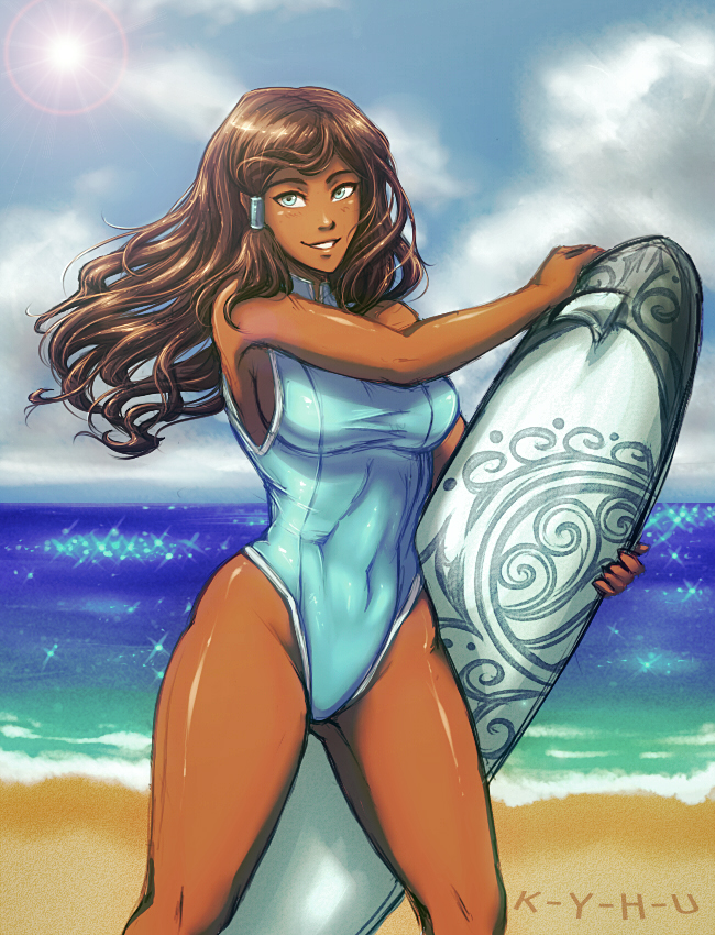 1girl, avatar_legends, beach, blue_eyes, breasts, brown_hair, competition_swimsuit, contemporary, covered_navel, dark_skin, hair_down, hair_tubes, k-y-h-u, korra, large_breasts, long_hair, ocean, one-piece_swimsuit, sideboob, smile, solo, surfboard, swimsuit, taut_clothes, taut_swimsuit, the_legend_of_korra, toned