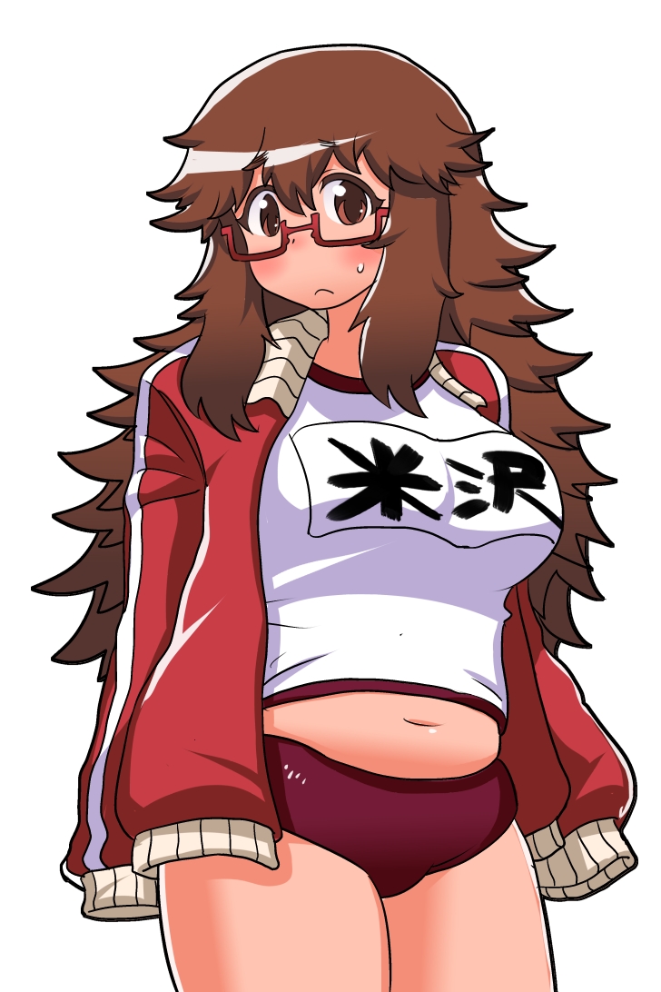1girl, :<, arms_behind_back, belly, blush, breasts, buruma, glasses, gym_uniform, jacket_on_shoulders, large_breasts, long_hair, matsuda_yuusuke, messy_hair, navel, original, plump, red-framed_glasses, semi-rimless_glasses, solo, sweatdrop, track_jacket, under-rim_glasses, yonezawa_natsumi, yuusha_to_maou