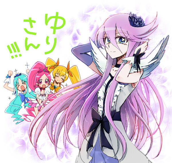 4girls, asymmetrical_clothes, blonde_hair, blue_dress, blue_hair, choker, closed_eyes, cure_blossom