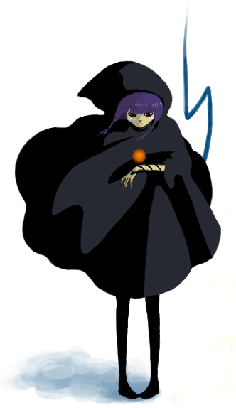 1girl, bangs, blunt_bangs, braid, cloak, dark_skin, expressionless, full_body