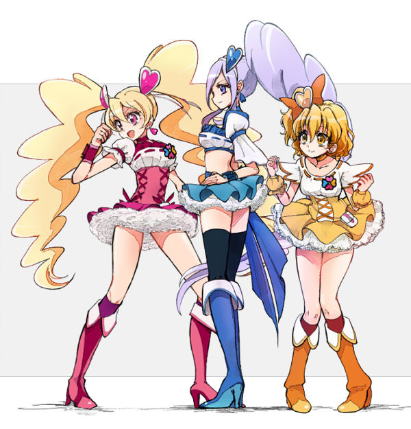 3girls, aono_miki, blonde_hair, blue_legwear, blue_skirt, boots, choker, cure_berry