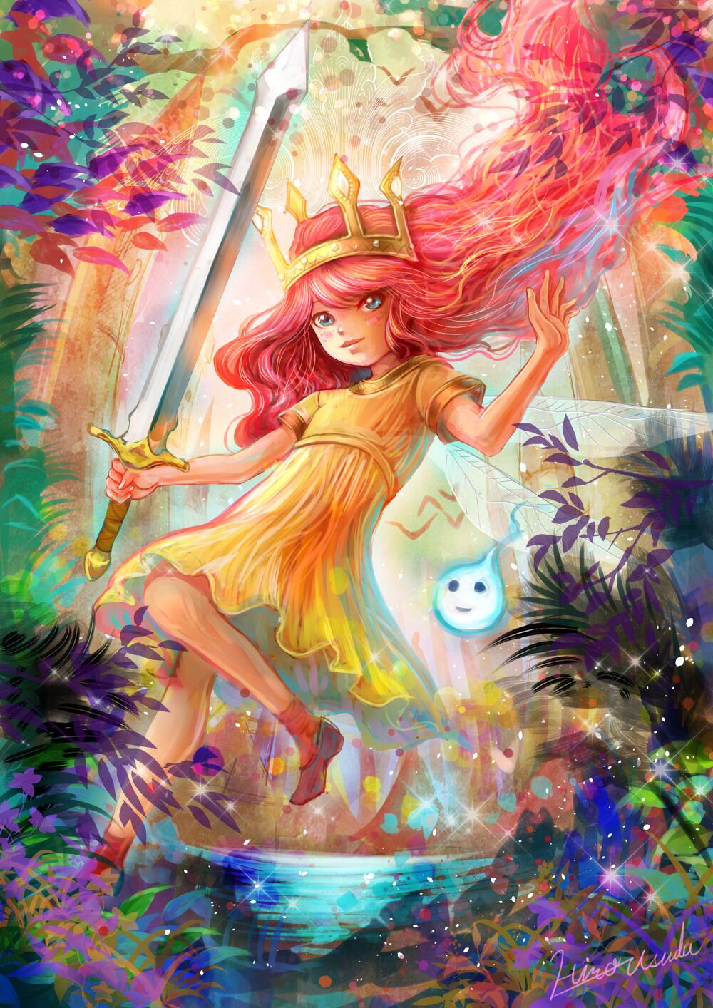 blue_eyes, child_of_light_(game), crown, dress, highres, igniculus, long_hair, pink_hair