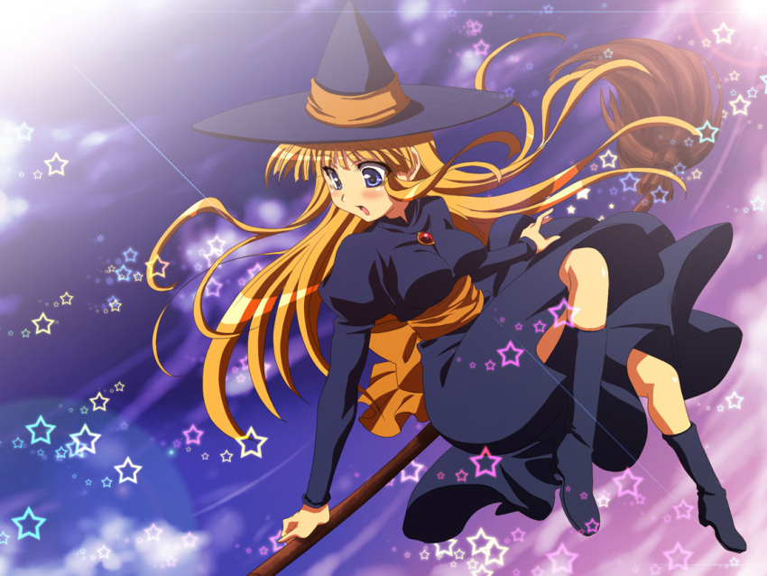 blonde_hair, blue_eyes, broom, broom_riding, hat, long_hair, mekabu, witch