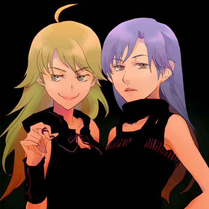 2girls, ahoge, blonde_hair, blue_hair, bust, hoshii_miki, idolmaster, juu_(juuzi)