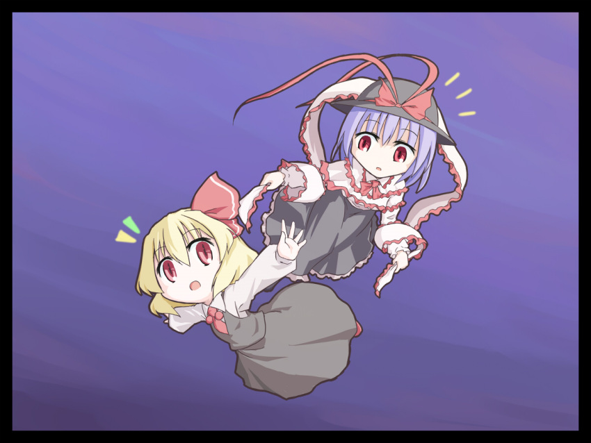2girls, :o, aratami_isse, blonde_hair, blouse, blue_hair, flying, frilled_ribbon