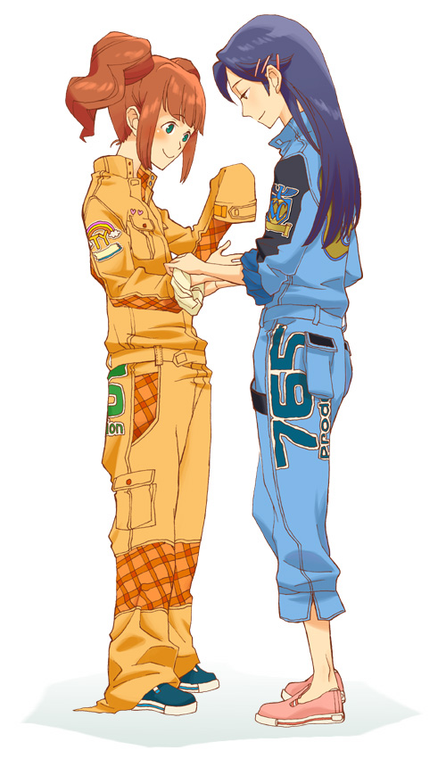 2girls, adjusting_clothes, alternate_costume, blue_hair, brown_hair, hair_ornament, hairclip, idolmaster