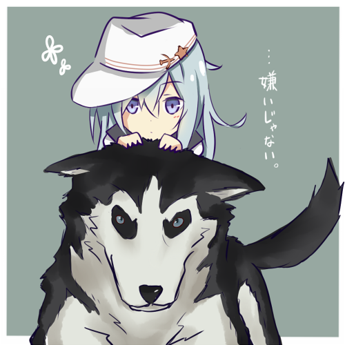 1girl, blue_eyes, coco3186, dog, hammer_and_sickle, hat, hibiki_(kantai_collection), husky, kantai_collection, looking_at_viewer, lowres, riding, silver_hair, star, translated, verniy_(kantai_collection)