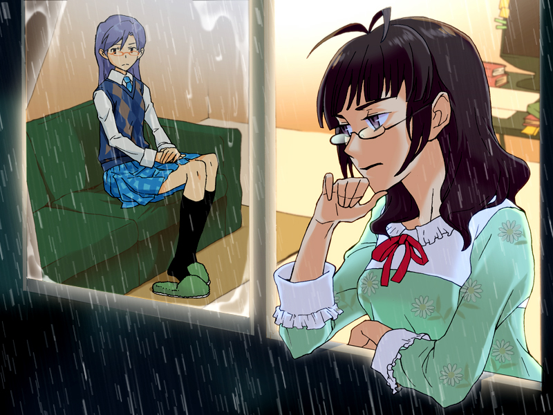 2girls, akizuki_ritsuko, alternate_hairstyle, argyle, bespectacled, black_legwear, blue_hair, bored