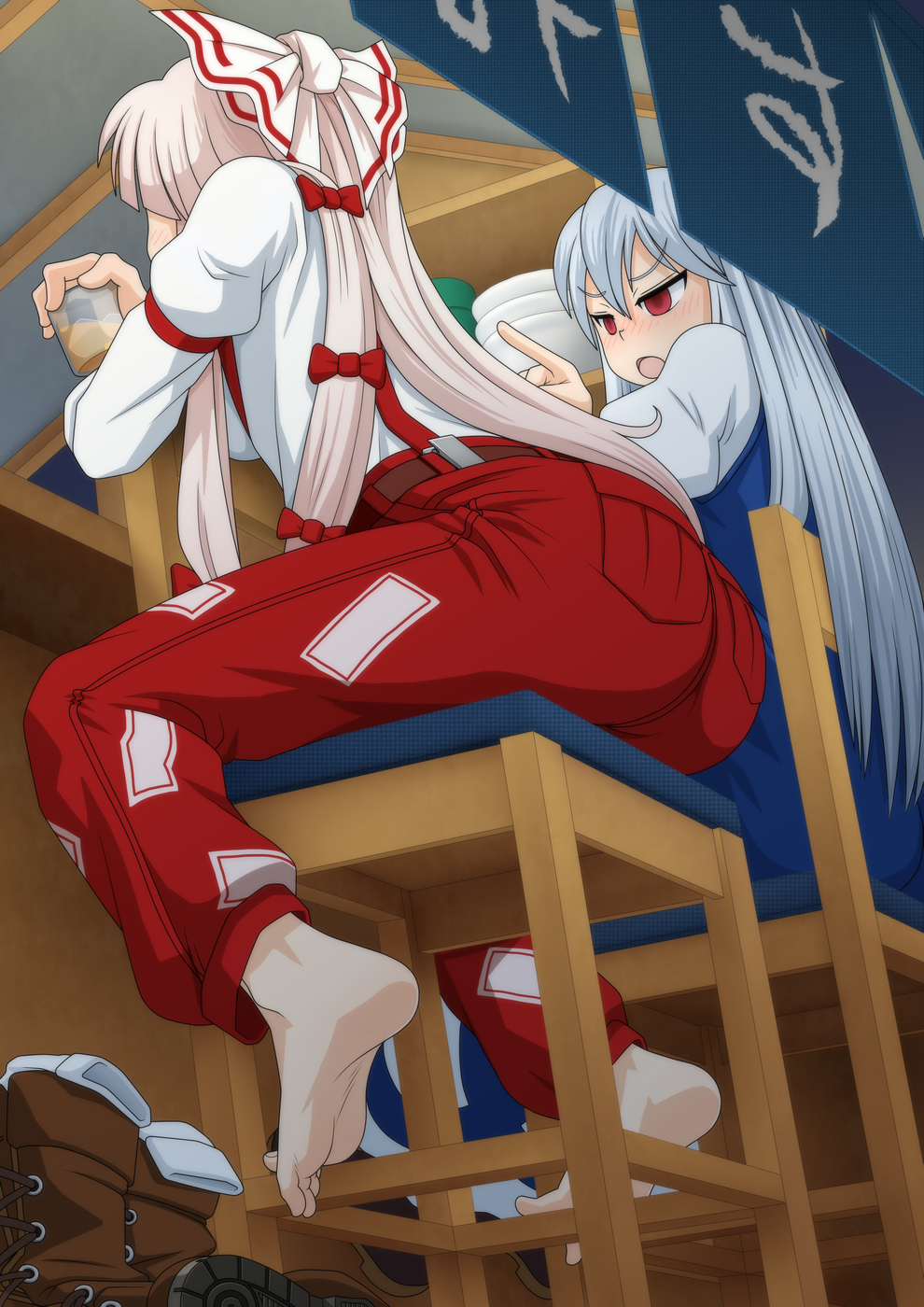 2girls, ass, barefoot, blush, boots, bow, chair, commentary_request, cup, drunk, feet, footwear_removed, fujiwara_no_mokou, highres, iromeki_overdrive, kamishirasawa_keine, long_hair, multiple_girls, open_mouth, pants, red_eyes, silver_hair, sitting, suspenders, touhou