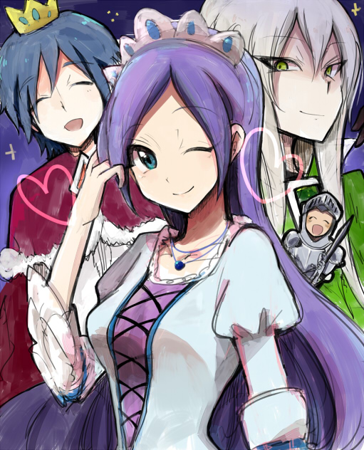1girl, 3boys, aono_miki, armor, black_hair, blue_dress, blue_eyes, brother_and_sister, crown, dress, eyelashes, fresh_precure!, full_armor, green_eyes, happy, heart, ichijou_kazuki, knight, long_hair, looking_at_viewer, multiple_boys, one_eye_closed, precure, prince, princess, purple_hair, sawa_yuuki, shijima_(agkm), siblings, silver_hair, sketch, smile, souler, tagme, wink