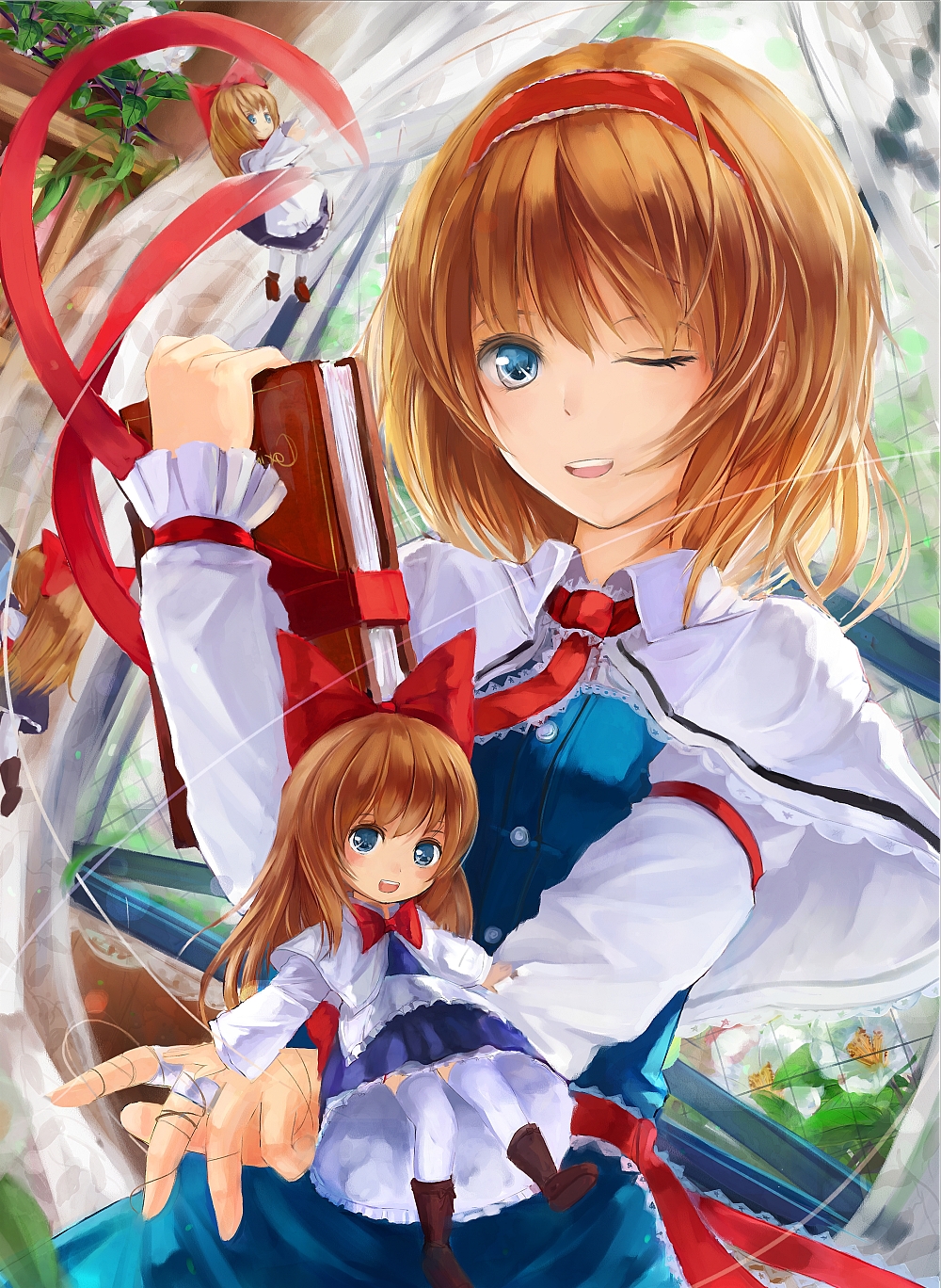 4girls, alice_margatroid, arm_ribbon, blonde_hair, blue_dress, blue_eyes, book, boots