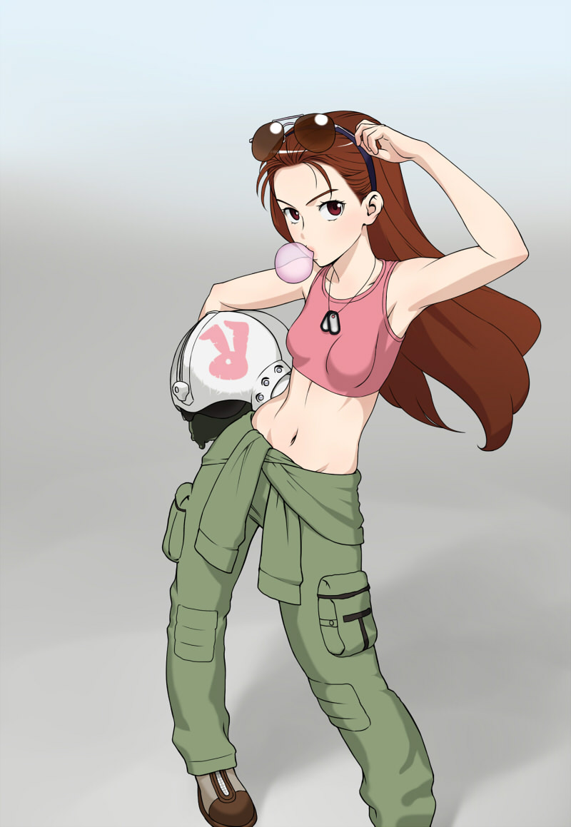 1girl, adjusting_sunglasses, bodysuit, brown_eyes, brown_hair, casual, dog_tags, helmet