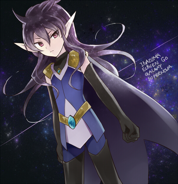 1boy, akurousu_obiesu, barufoa, dutch_angle, elbow_gloves, english, gloves, inazuma_eleven_(series), inazuma_eleven_go, inazuma_eleven_go_galaxy, long_hair, male, pointy_ears, solo, space