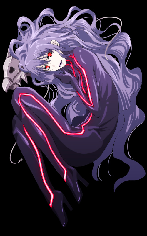 curly_hair, high_heels, laughing, lipstick, long_hair, mask, monster_girl, mr.romance, neon_trim, pale_skin, purple_hair, ragnarok_online, red_eyes, shoes, simple_background, solo, thanatos_maero