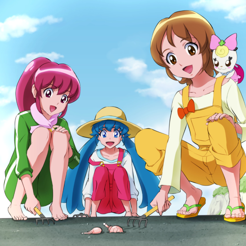 3girls, aino_megumi, barefoot, blue_eyes, blue_hair, brown_eyes, brown_hair, happinesscharge_precure!