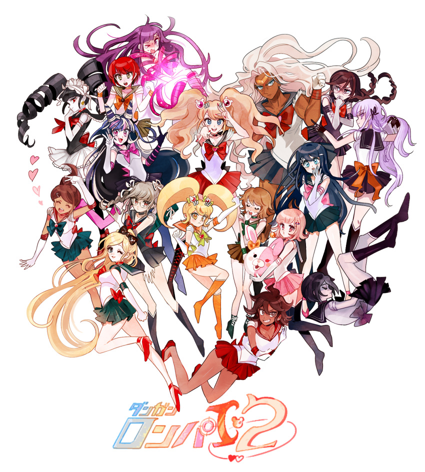1boy, 6+girls, ;), asahina_aoi, bishoujo_senshi_sailor_moon, black_hair, black_legwear, blonde_hair