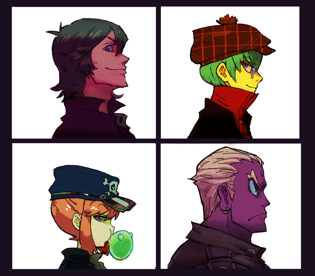 1girl, 3boys, album_cover, bubblegum, cover, demon_days_cover, frown, gamagoori_ira
