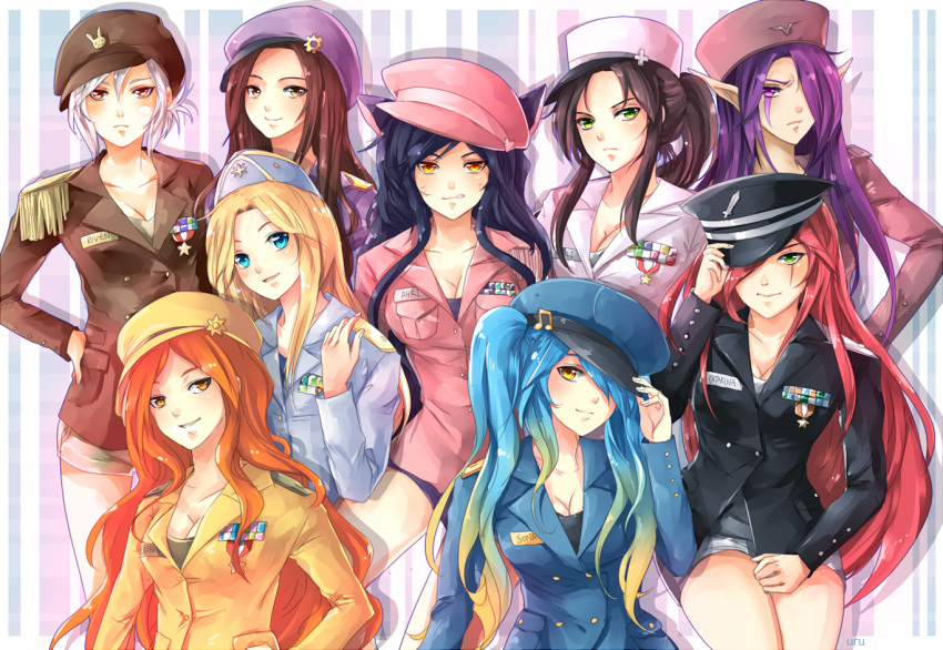 6+girls, :q, ahri, akali, alternate_costume, black_hair, blonde_hair, blue_eyes