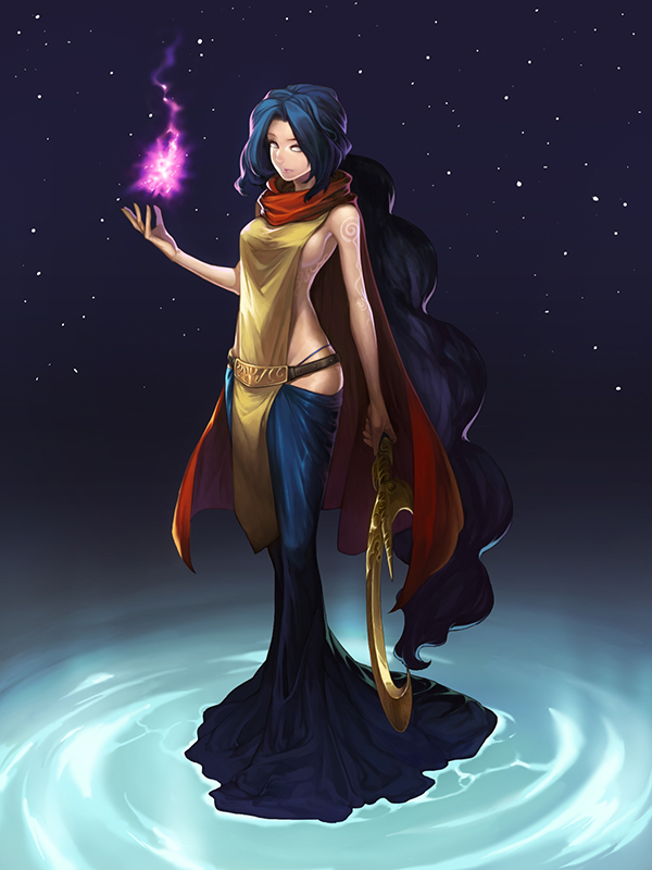 1girl, alternate_costume, alternate_hair_color, belt, blue_hair, blue_skirt, breasts, cape