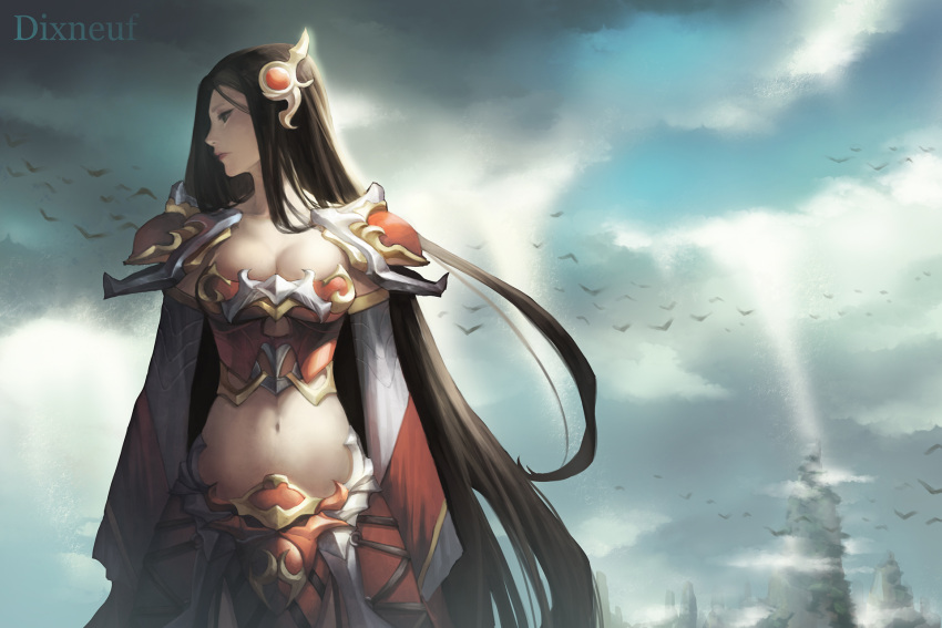 1girl, armor, bird, black_eyes, black_hair, breasts, cleavage, clouds