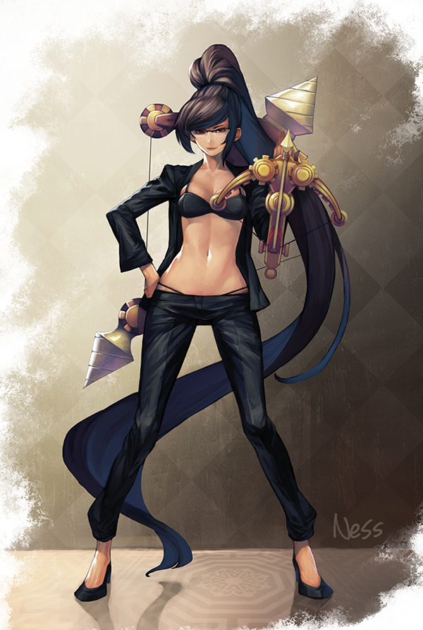 1girl, alternate_costume, black_hair, black_pants, bow_(weapon), bra, brown_eyes, crossbow