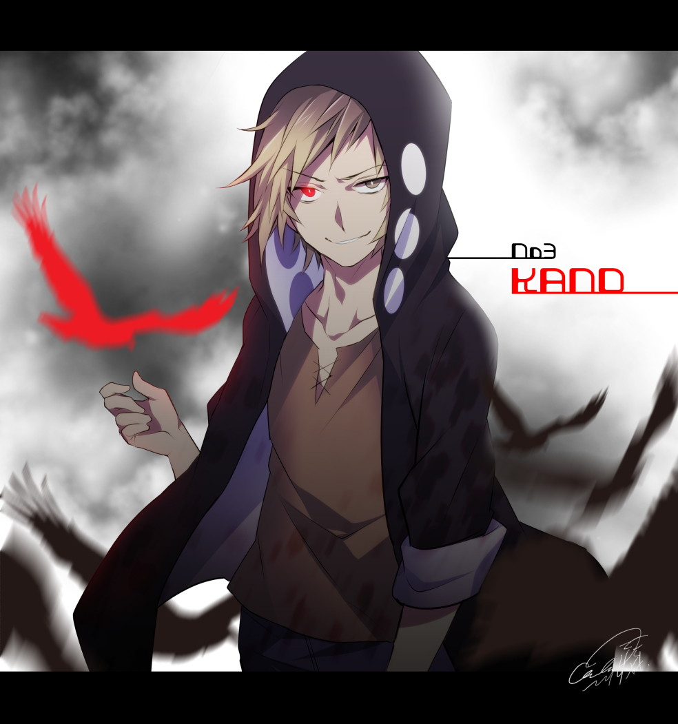 1boy, bird, blonde_hair, character_name, glowing, glowing_eye, hayamiya, heterochromia