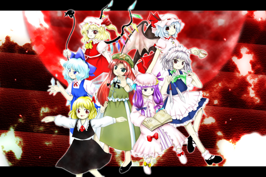 6+girls, :d, apron, bat_wings, blonde_hair, blouse, blue_eyes, blue_hair, book, bow, braid, cirno, cup, dress, flandre_scarlet, frilled_dress, frills, green_eyes, hair_bow, hair_ribbon, hat, hat_ribbon, hong_meiling, izayoi_sakuya, knife, laevatein, long_hair, maid_apron, maid_headdress, mdnk, mob_cap, moon, multiple_girls, oota_jun'ya_(style), open_mouth, orange_hair, outstretched_arms, patchouli_knowledge, puffy_short_sleeves, puffy_sleeves, purple_hair, reading, red_eyes, red_moon, remilia_scarlet, ribbon, rumia, short_hair, short_sleeves, silver_hair, skirt, smile, spread_arms, tea, teacup, the_embodiment_of_scarlet_devil, touhou, twin_braids, vest, violet_eyes, wings