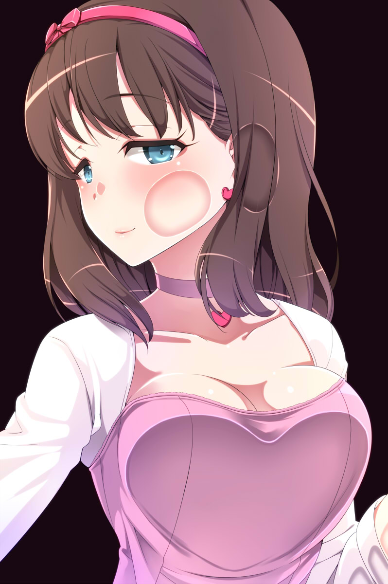 1girl, against_glass, amasora_taichi, blue_eyes, breast_press, breasts, breasts_on_glass, brown_hair
