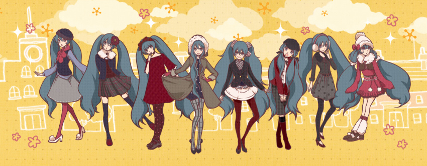 :p, aqua_hair, bonnet, casual, clone, coat, earmuffs, fashion, flower, hair_flower, hair_ornament, hair_ribbon, hand_on_earmuffs, hat, hatsune_miku, high_heels, highres, hoodie, jacket, long_hair, pantyhose, pink_legwear, red_legwear, ribbon, shindog, shoes, skirt, smile, thigh-highs, thighhighs, tongue, twintails, very_long_hair, vocaloid, zettai_ryouiki