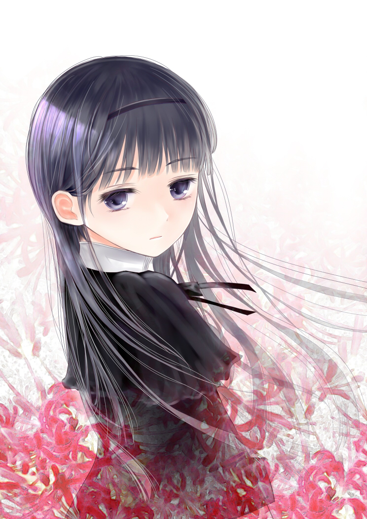 1girl, akemi_homura, black_hair, dress, flower, funeral_dress, hairband, kouzuki_yui