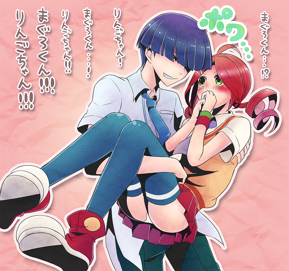 1boy, 1girl, ahoge, andou_ringo, blue_legwear, blush, carrying, drill_hair